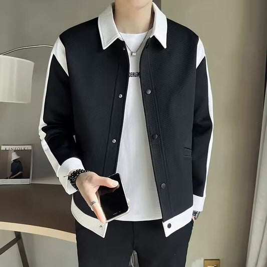 Fashionable Casual Trendy Lapel Jacket For Men 2023 Spring Korean Style Color Block Top With Collar Acrylic Cotton Material