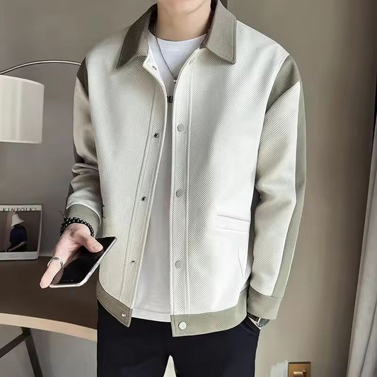Fashionable Casual Trendy Lapel Jacket For Men 2023 Spring Korean Style Color Block Top With Collar Acrylic Cotton Material
