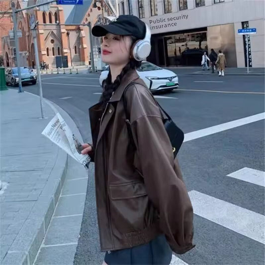 American Style Loose Fit Brown Leather Jacket Windproof Vintage Motorcycle Clothing Pants Separate Set Men's Fashion Outerwear